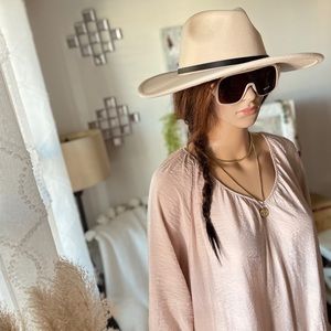Fedora Wide Cream Brim Hat With Black Faux Buckled Leather Strip